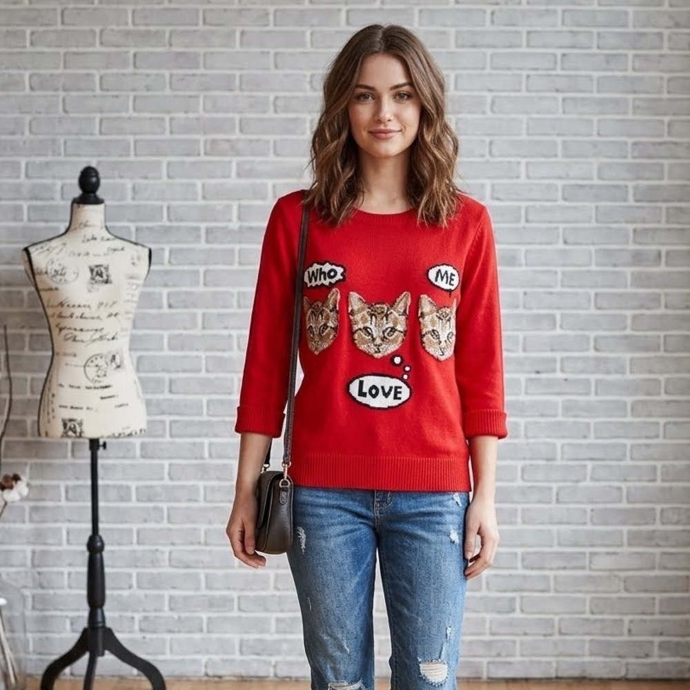 Xhilaration Red Cat Graphic Sweater Who Me Love 3/4 Sleeve Knit Top Large